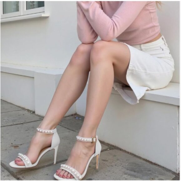 Tang'scuisins White Open Toe Pearl Studded Sandal Ankle Strap Stiletto Heel Shoe - Picture 1 of 8